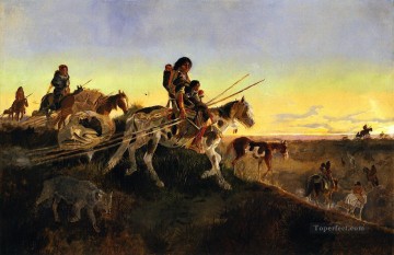 アメリカインディアン Painting - 新しい狩場を求めて 1891年 チャールズ・マリオン・ラッセル アメリカ・インディアン